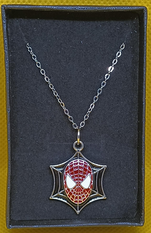 Enamel Spiderman Mask &amp; Web Pendant Necklace.