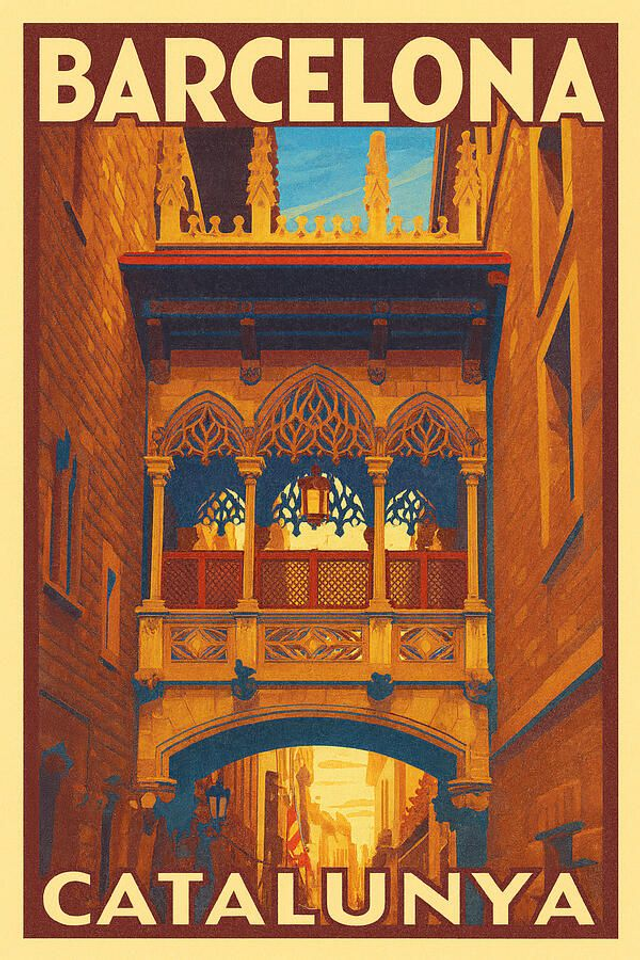 Póster de viaje vintage de Barcelona Cataluña Barrio Gótico del Pont del Bisbe