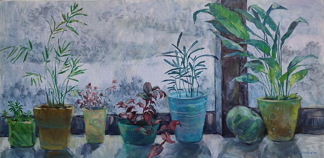 Poetycki parapet, 40x80 olej płótno 2018