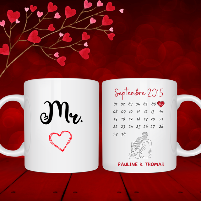 Tasse personnalisée Monsieur ou Madame + calendrier couple 