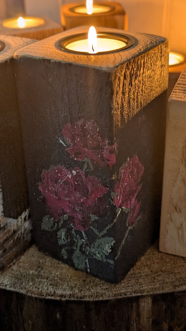 Roses striking pink painterly on navy - Tealight Holder Reclaimed Wood