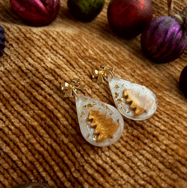 Christmas Tree Teardrop Earrings - Gold and White