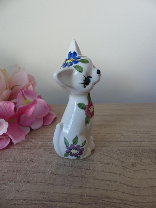 Salière chat vintage en céramique, figurine chat style rétro années 70 blanc peint à la main, campagne, shabby chic, collection salières