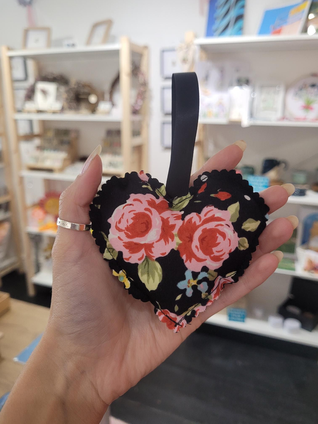 Black and pink floral heart shaped hanging decoration - 100% cotton- HBH-005