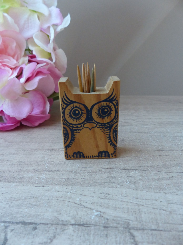 Ancien Porte-Pics Apéritif Hibou en Bois – Objet Vintage Peint à la Main | Déco Table & Collection