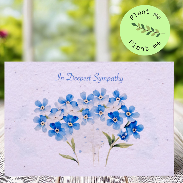 A Plantable Sympathy card with Forget-Me-Not flowers, zero waste card