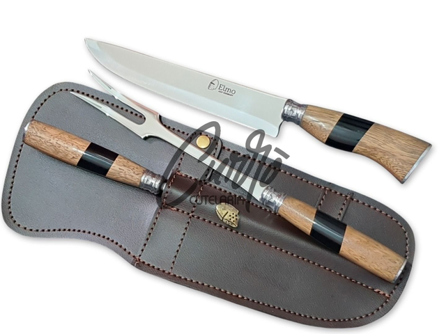 Conjunto Faca Chaira Garfo Elmo Cabo Resina Tipo Madeira Chifre 8"