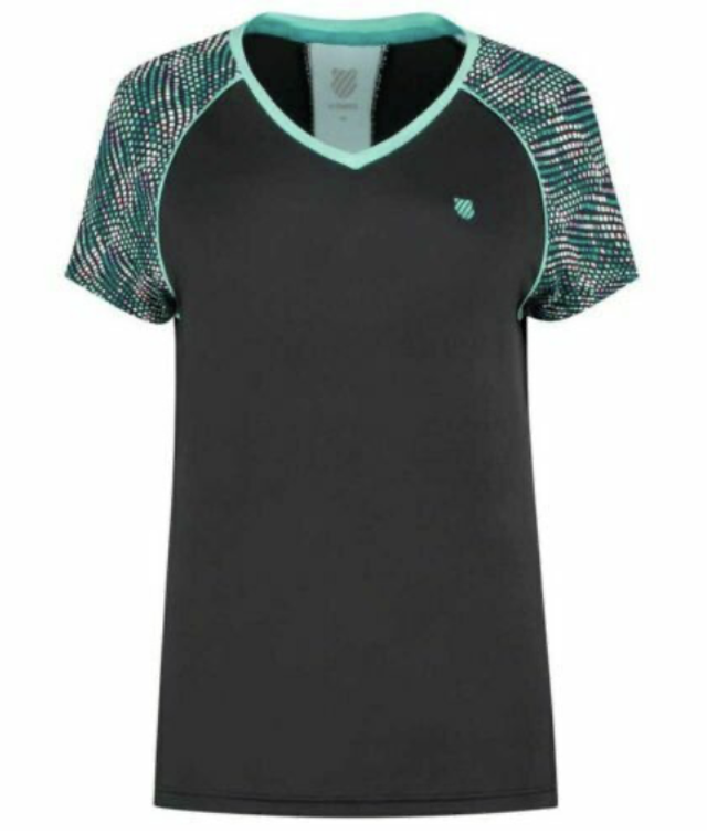 K-Swiss Ladies Tee Black/Green pattern  RRP £35