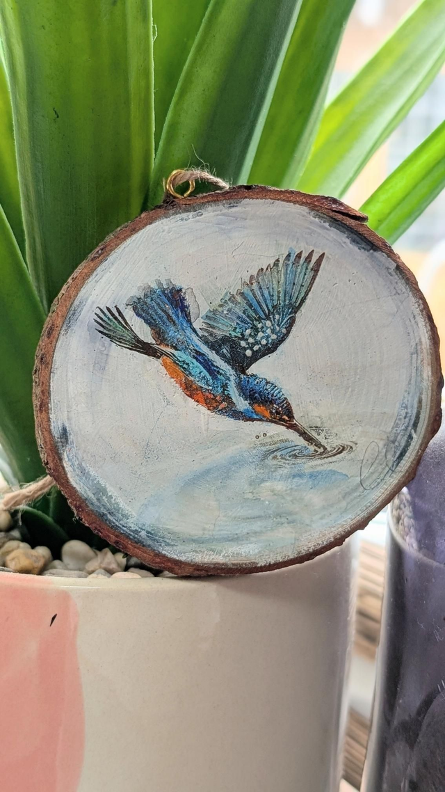 Kingfisher dives swiftly, piercing the water - Log slice