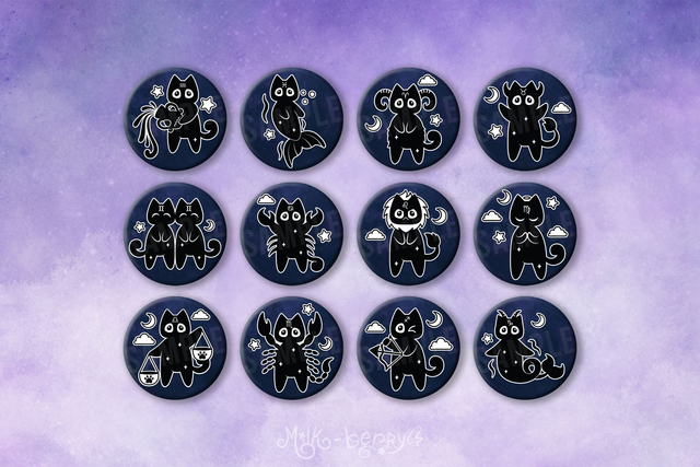 Badge 56mm Chastrologie l Signes Astrologiques Chat
