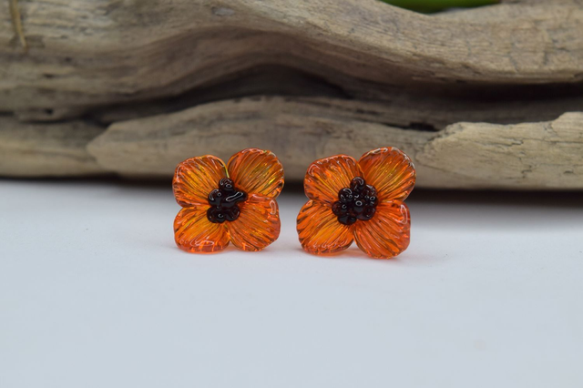 PUCES FLEURS ORANGE TRANSLUCIDE MONTURE INOX GRIS (PF4)