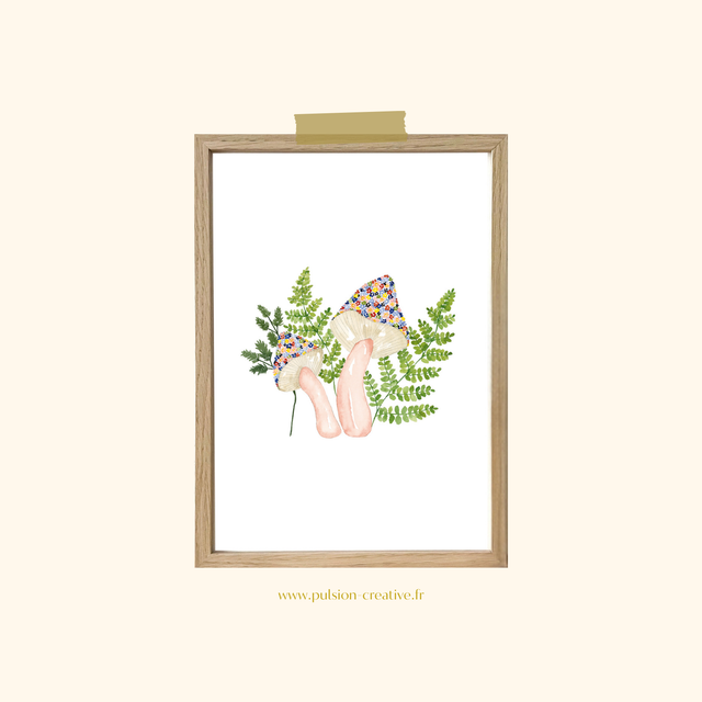 Affiche aquarelle A4 - Champignons fleuris