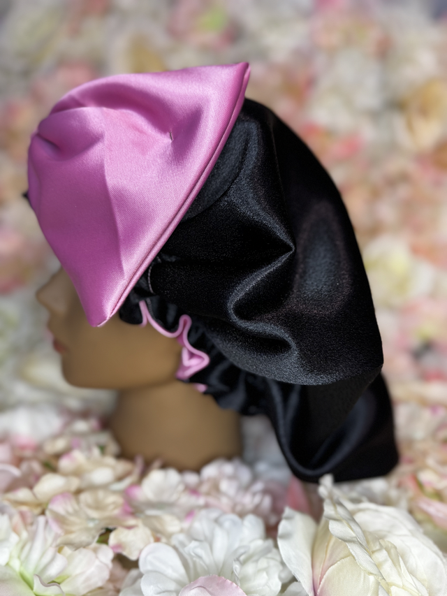 Bonnet en satin soie réversible rose & noir | Avec Nœud | Protection cheveux nuit | Anti-frisottis | Tailles S, M, L | Double face fait main