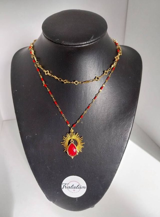  ✨Collier effet double &quot;soleil ajouré et goutte rouge✨
