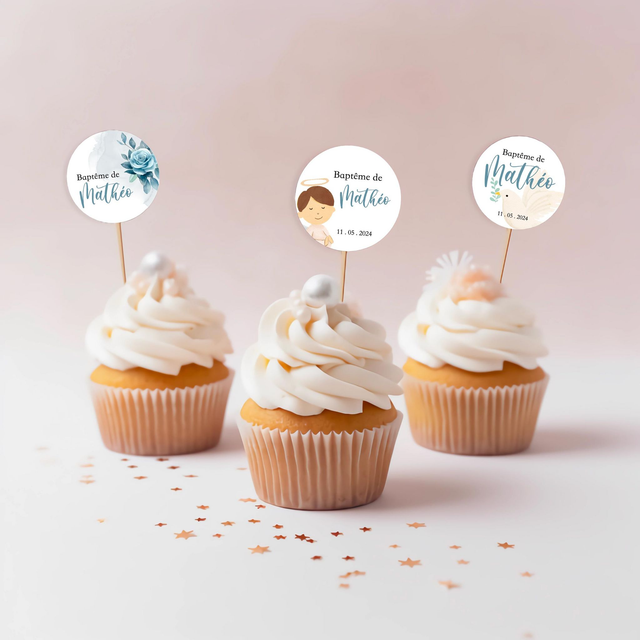 Cake toppers Baptême Fleurs & Blush bleu