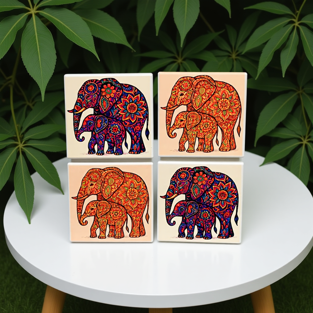 A set of four ceramic coasters featuring colourful elephants, May be purchased as a set of two or individual 