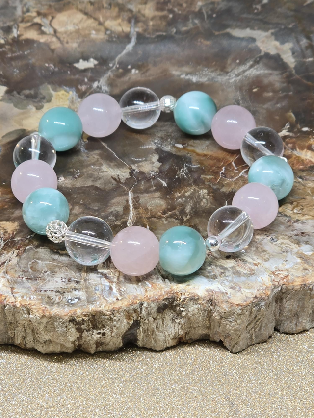 Bracelet Garniérite, Quartz rose, Cristal de roche XL en 1,2 cm