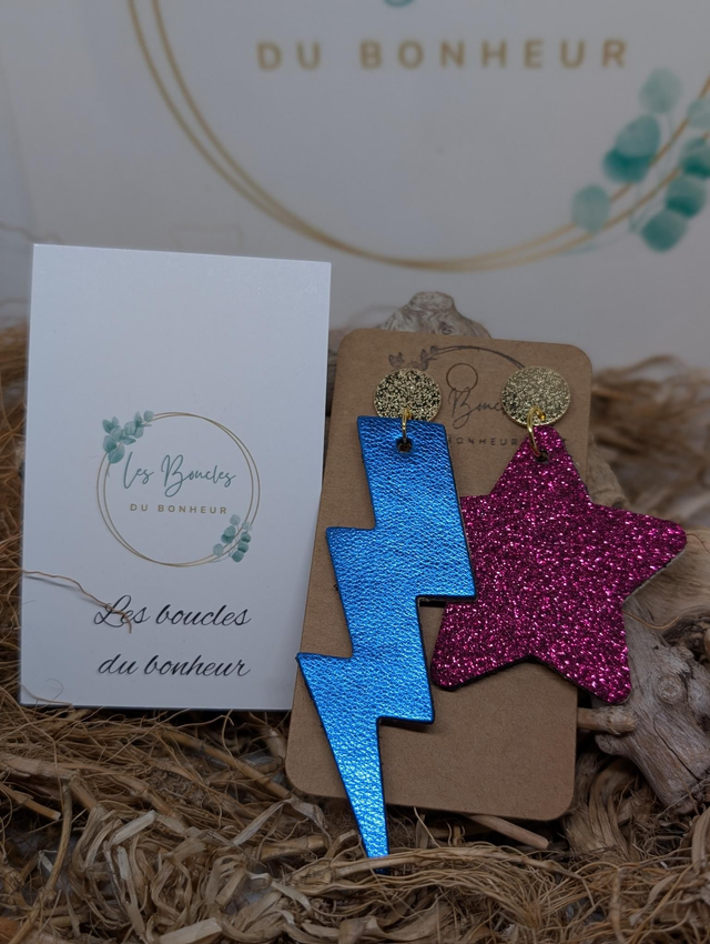 Boucles d&#039;oreilles Asymétrique bleu irisé fushia paillettes mo704