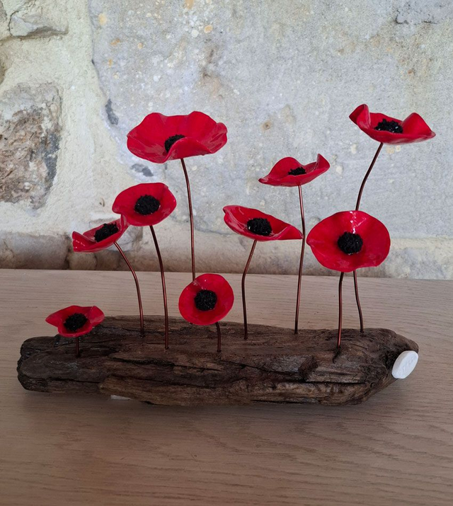 Composition de coquelicots sur bois floté