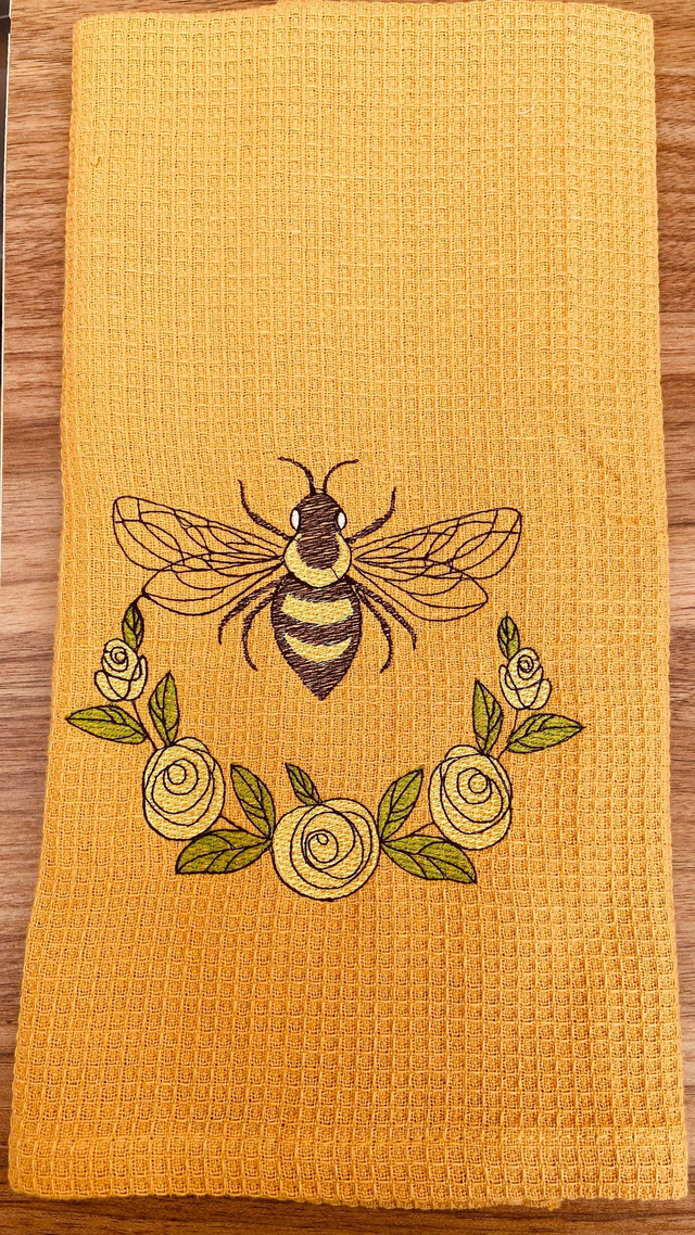 Floral Bee Embroidered Tea Towel