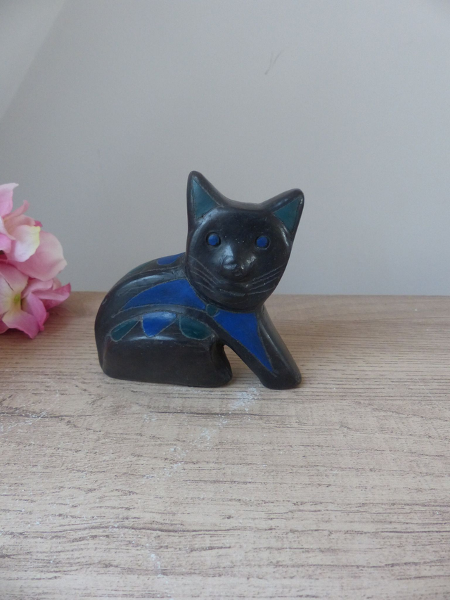Figurine Chat Mexicain Vintage en Argile Noire et Bleue – Sculpture Artisanale Années 60, Style Manuel Felguérez