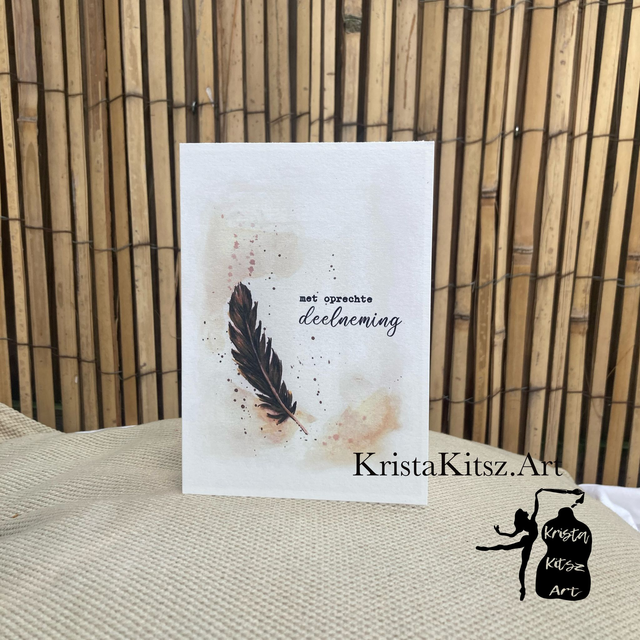 Gevouwen condoleance kaart, Oprechte deelneming , veer aquarel