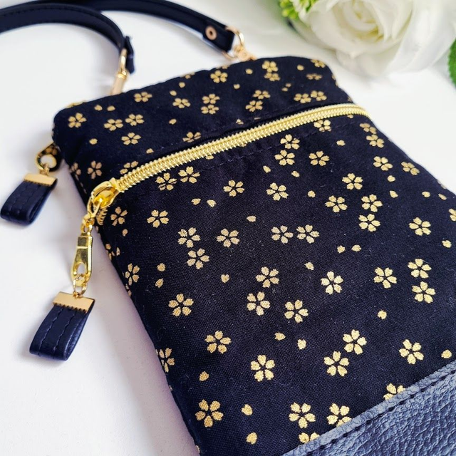 Mini-sac pour téléphone "Sakura" noir doré & simili cuir noir