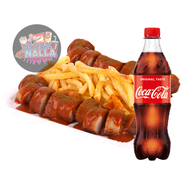 Doppeltes Currywurst mit Pommes frites & Cola
