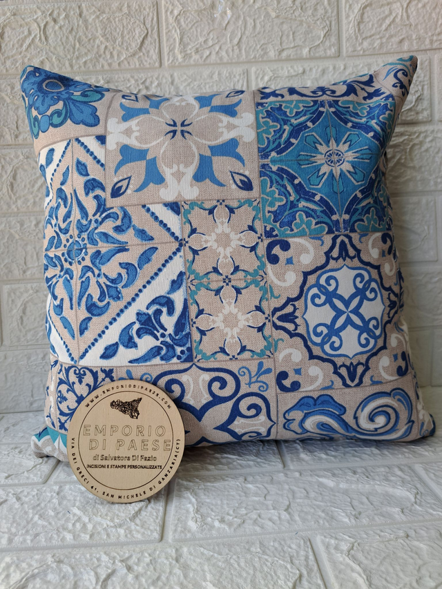 Fodera cuscino in tessuto siciliano con maioliche, 40x40 cm