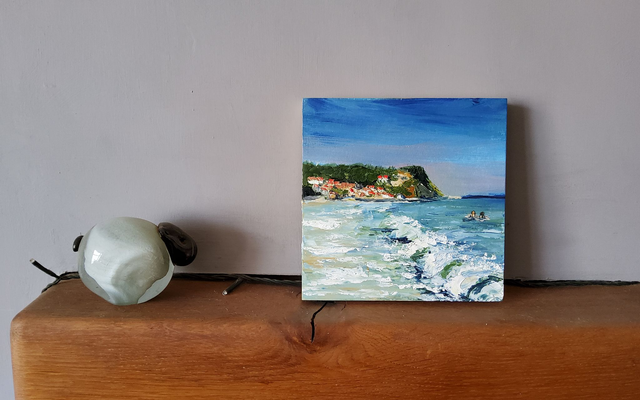 Sea swimmers at Runswick Bay North Yorkshire Coast. Art card/ Coaster.