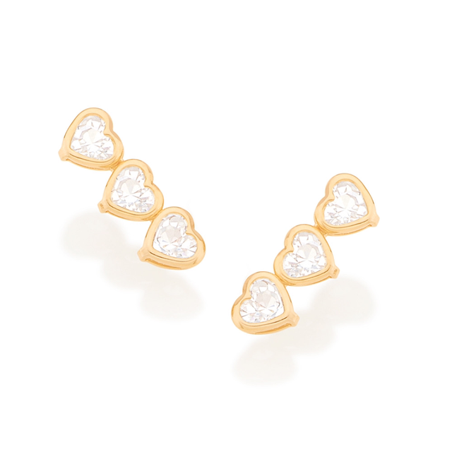 Brinco folheado a ouro 18k coração com cristais Branco