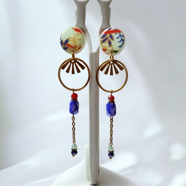 Boucles d'oreilles pendantes motifs japonais bleu vert rouge