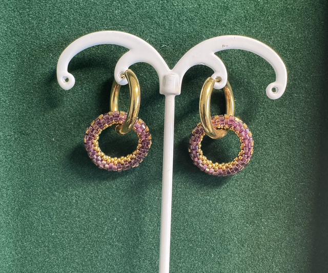 Créoles Anneau de Perles Tissées - Violet et Or - Acier Inoxydable 