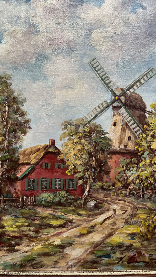 Ölgemälde auf Holz mit idyllisch gelegener Windmühle