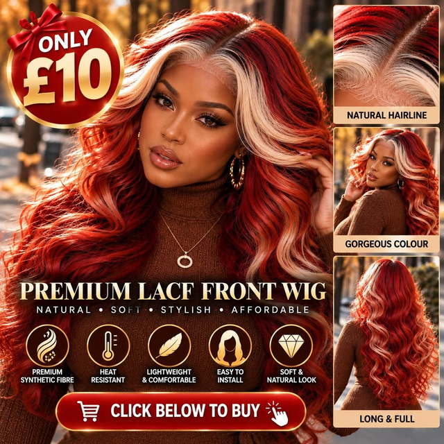 Burgundy Red &amp; Blonde Highlight Lace Front Wig – Long Wavy Two-Tone Ombre Wig, Natural Hairline, Glamorous Women's Wig
