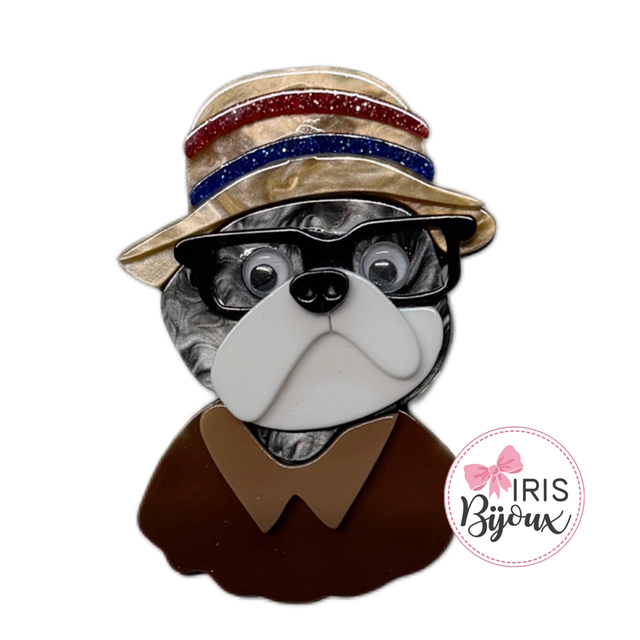 Spilla cane con cappello e occhiali vestito marrone 