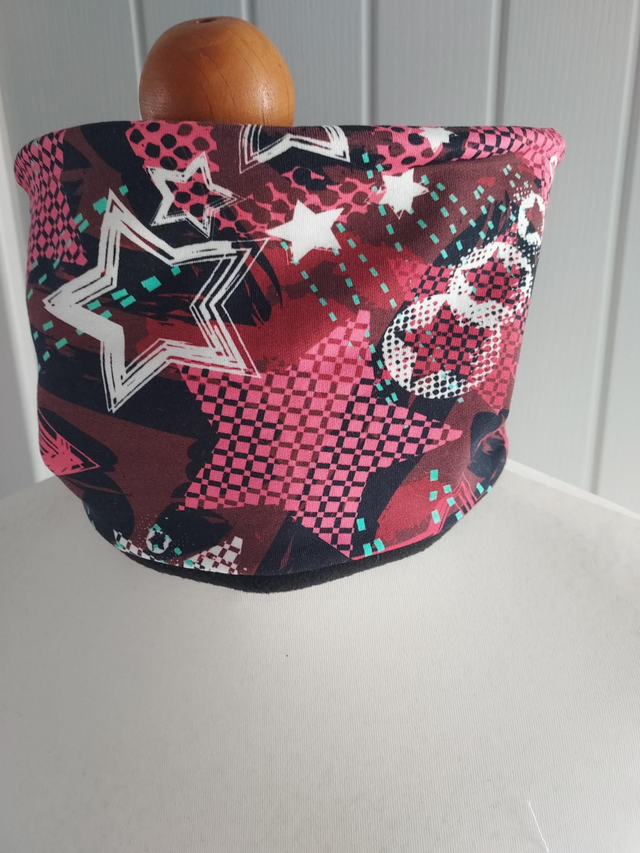 Pink and Black Stars Neck Warmer, Snood with Black Fleece,
