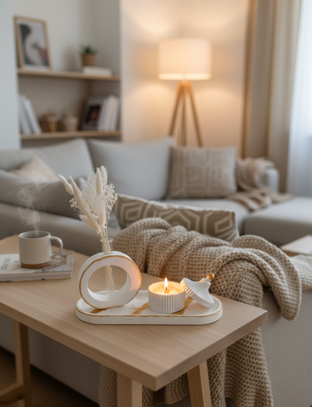 Ensemble décoratif artisanal avec bougie parfumée et fleurs séchées