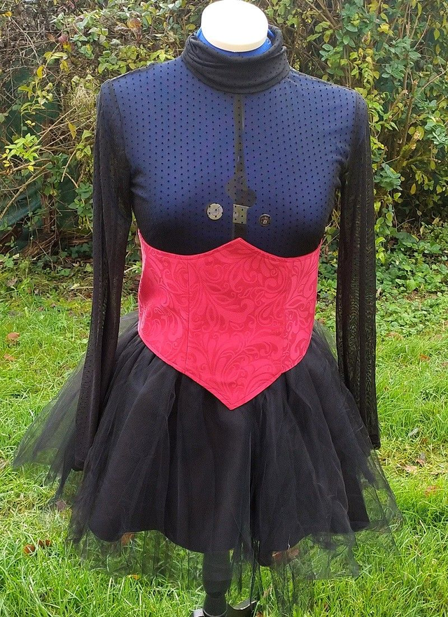 Serre taille polyester rouge arabesques, doublure coton