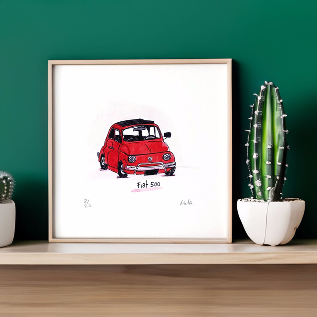 Vintage Red Fiat 500 Art Print - Charming Italian Car Decor