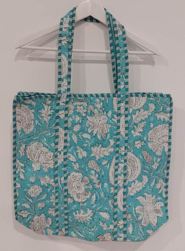 Sac cabas réversible matelassé – Tote bag coton doublé fait main, grand format pour courses, plage ou quotidien - Bleu turquoise