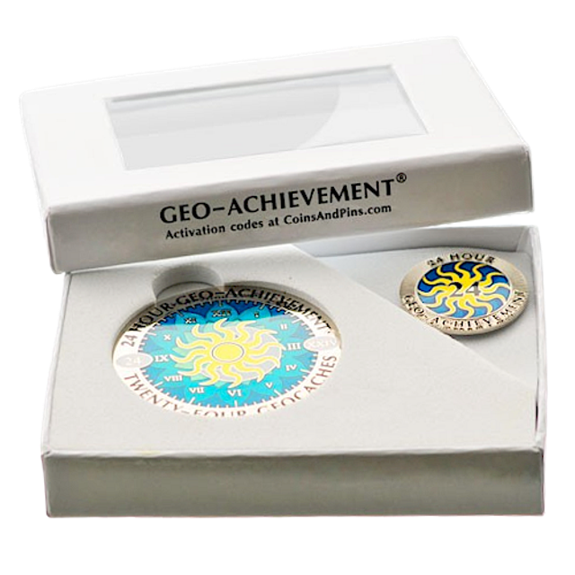 Géocoin "24 caches en 24 heures" + Pin's assorti – Édition spéciale