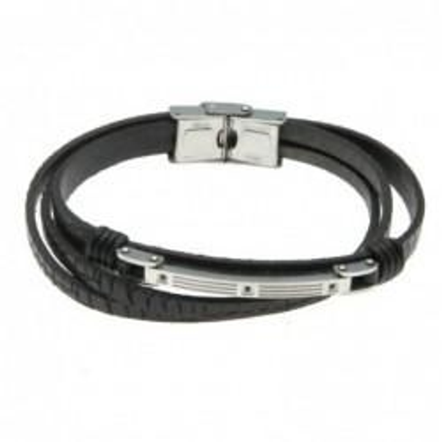 Bracciale uomo in pelle nera con inserti acciaio e cristalli 