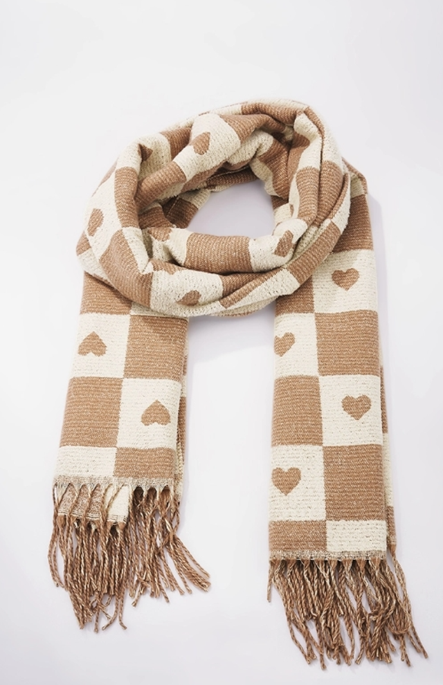 Écharpe en laine motif damier et cœur (Crème chaud)