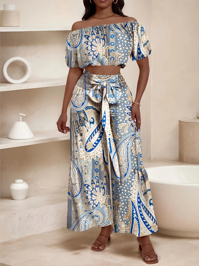Women's Off Shoulder Short Top and Wide Leg Pants Set