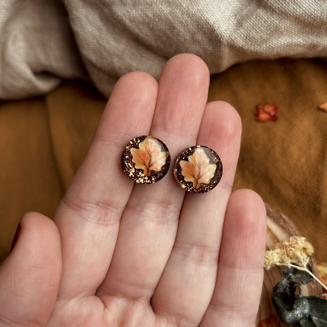 Autumn Leaf Stud Earrings - Deep Bronze, Copper and Orange