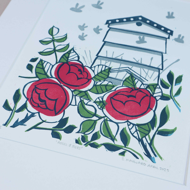 Roses & Bees Linocut Print - framed