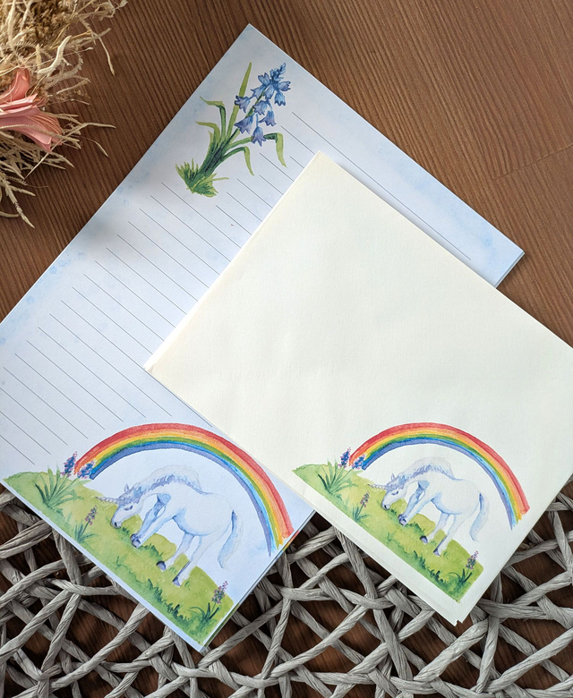 Papier à lettres et enveloppes Licorne Arc-en-Ciel