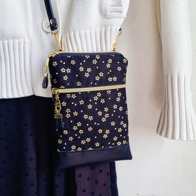 Mini-sac pour téléphone "Sakura" noir doré & simili cuir noir