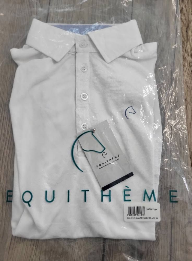 Polo de concours EQUITHÈME garçon – Blanc – 14 ans – Neuf déstockage
